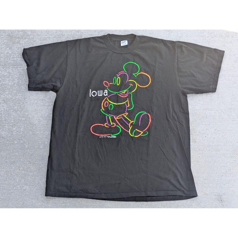VTG Velva Sheen Disney Mickey Shirt Mens XL Black Iowa Neon Graphic Tee 80s